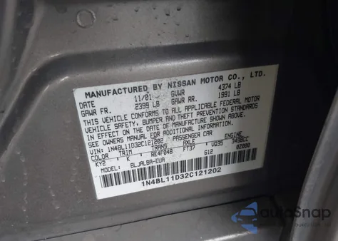 2002 Nissan Altima 3.5 Se from USA, damaged, VIN 1N4BL11D32C121202